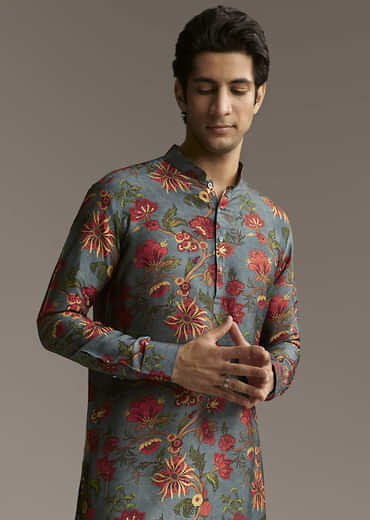 Green Silk Designer Kurta For Men With Floral Print