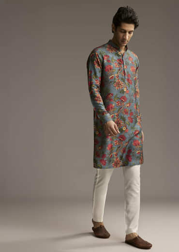 Green Silk Designer Kurta For Men With Floral Print