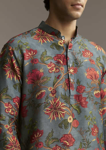 Green Silk Designer Kurta For Men With Floral Print