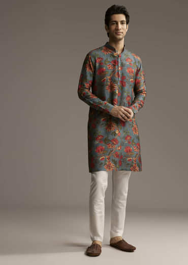 Green Silk Designer Kurta For Men With Floral Print