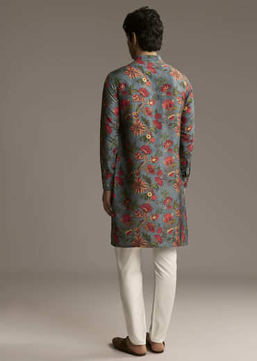 Green Silk Designer Kurta For Men With Floral Print