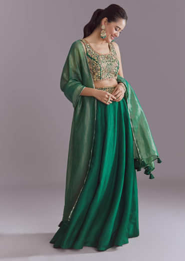 Green Silk Festive Lehenga With Zari Work