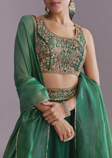 Green Silk Festive Lehenga With Zari Work