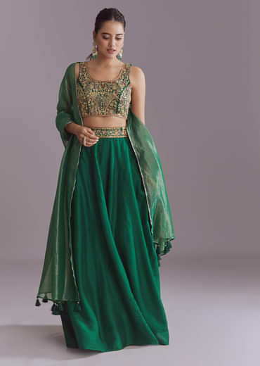 Green Silk Festive Lehenga With Zari Work