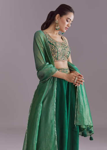 Green Silk Festive Lehenga With Zari Work