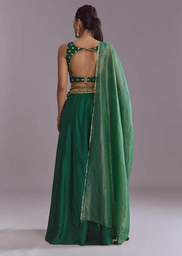Green Silk Festive Lehenga With Zari Work