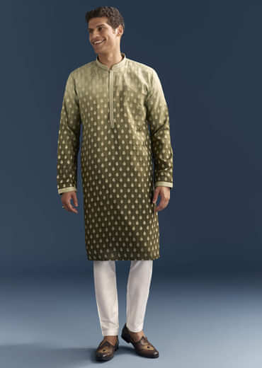 Green Silk Foil Kurta Set For Men With Sequins Embroidery