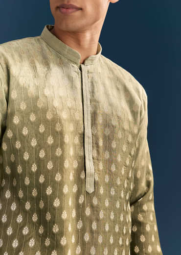 Green Silk Foil Kurta Set For Men With Sequins Embroidery