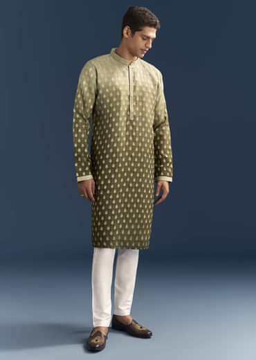 Green Silk Foil Kurta Set For Men With Sequins Embroidery