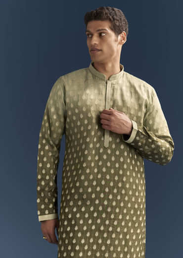 Green Silk Foil Kurta Set For Men With Sequins Embroidery