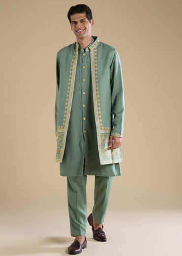 Green Silk Jacket Kurta Set with Resham Work