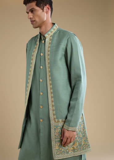 Green Silk Jacket Kurta Set with Resham Work