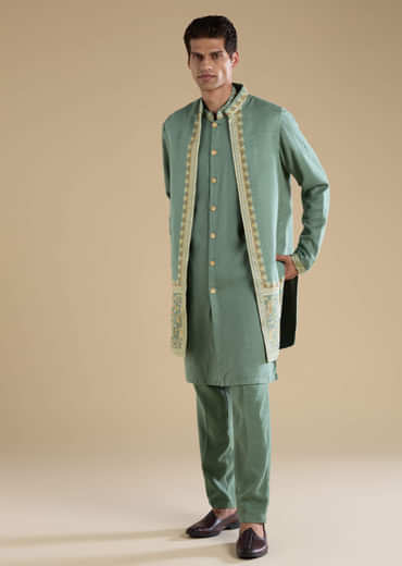 Green Silk Jacket Kurta Set with Resham Work
