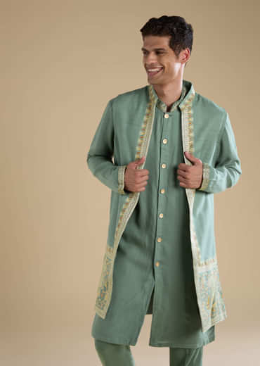 Green Silk Jacket Kurta Set with Resham Work