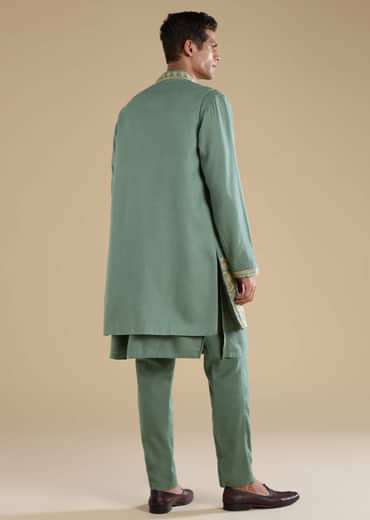 Green Silk Jacket Kurta Set with Resham Work