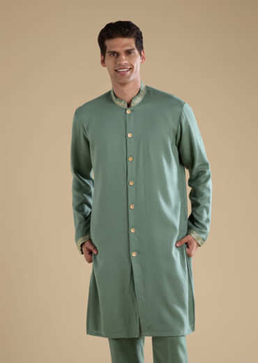Green Silk Jacket Kurta Set with Resham Work