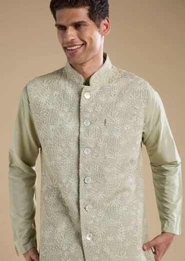 Green Silk Jacket Kurta Set with Thread Work