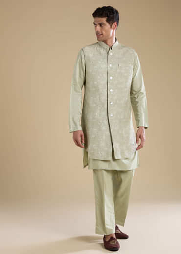 Green Silk Jacket Kurta Set with Thread Work