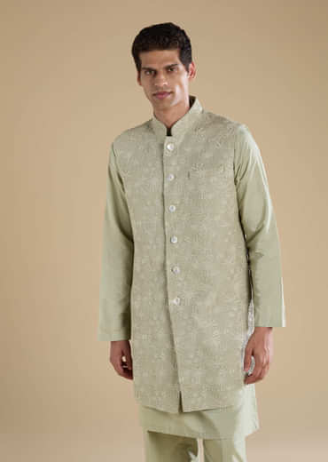 Green Silk Jacket Kurta Set with Thread Work
