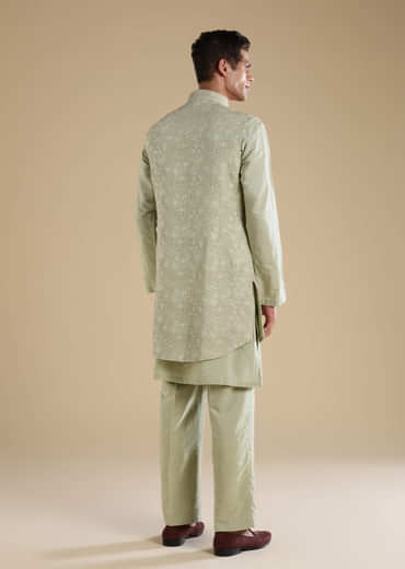 Green Silk Jacket Kurta Set with Thread Work