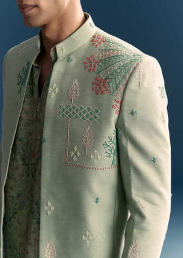 Green Silk Jodhpuri Suit For Men With Intricate Hand Embroidery