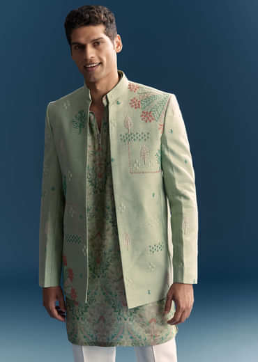 Green Silk Jodhpuri Suit For Men With Intricate Hand Embroidery