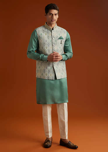 Green Silk Kurta Jacket Set For Men With Geometric Jaal Print