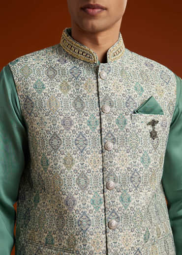 Green Silk Kurta Jacket Set For Men With Geometric Jaal Print