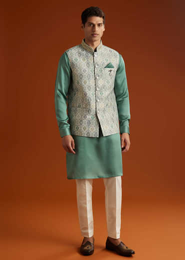 Green Silk Kurta Jacket Set For Men With Geometric Jaal Print