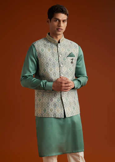 Green Silk Kurta Jacket Set For Men With Geometric Jaal Print