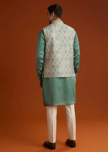 Green Silk Kurta Jacket Set For Men With Geometric Jaal Print