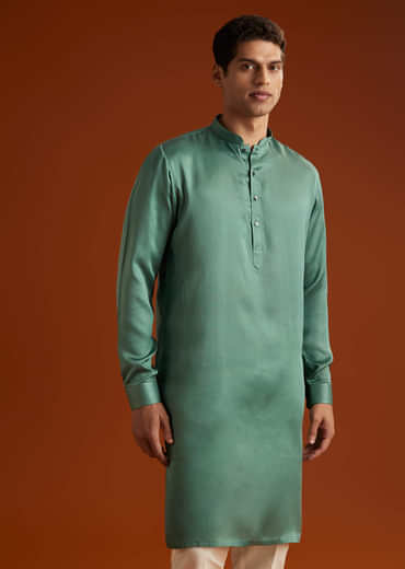 Green Silk Kurta Jacket Set For Men With Geometric Jaal Print