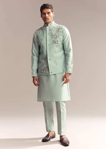 Green Silk Kurta Jacket Set For Men With Heavy Embroidery