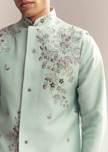 Green Silk Kurta Jacket Set For Men With Heavy Embroidery