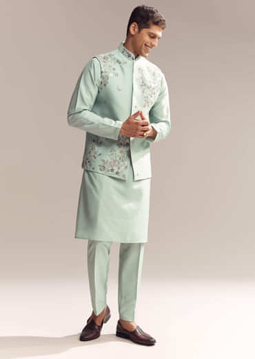 Green Silk Kurta Jacket Set For Men With Heavy Embroidery