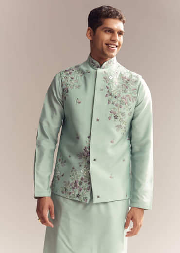 Green Silk Kurta Jacket Set For Men With Heavy Embroidery