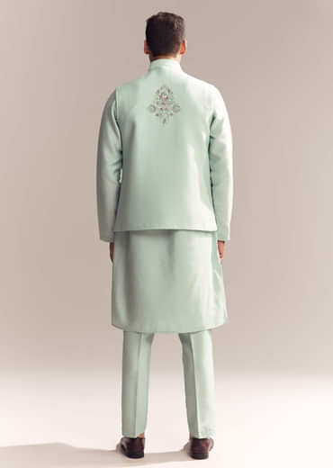 Green Silk Kurta Jacket Set For Men With Heavy Embroidery