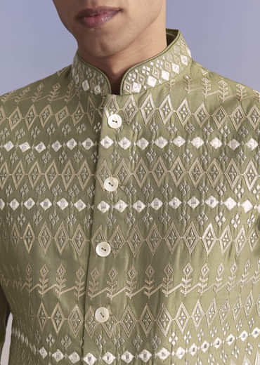 Green Silk Kurta Jacket Set For Men With Intricate Hand Embroidery