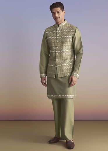 Green Silk Kurta Jacket Set For Men With Intricate Hand Embroidery