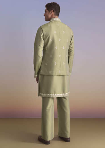 Green Silk Kurta Jacket Set For Men With Intricate Hand Embroidery