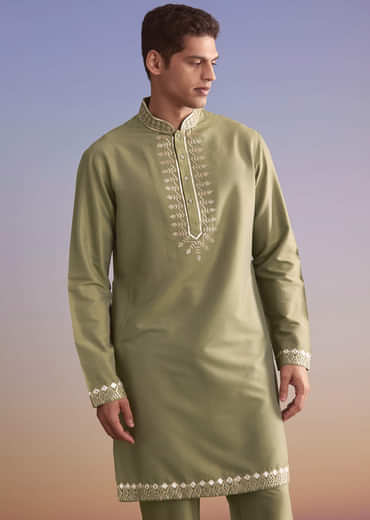Green Silk Kurta Jacket Set For Men With Intricate Hand Embroidery