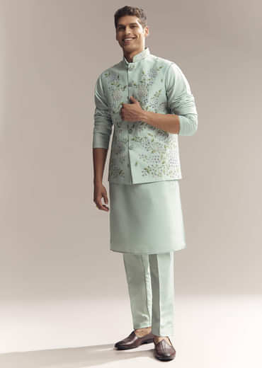 Green Silk Kurta Jacket Set For Men With Thread And Mirror Embroidery