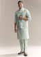 Green Silk Kurta Jacket Set For Men With Thread And Mirror Embroidery