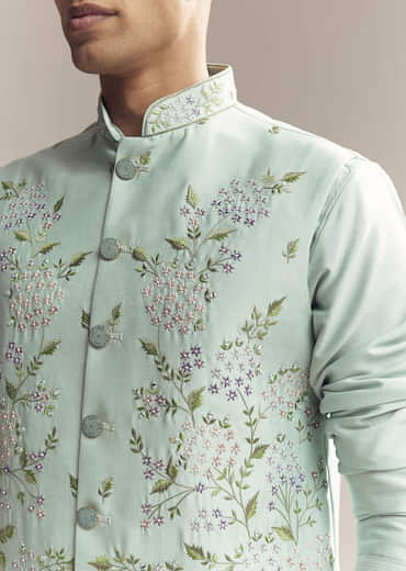 Green Silk Kurta Jacket Set For Men With Thread And Mirror Embroidery
