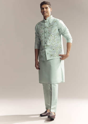 Green Silk Kurta Jacket Set For Men With Thread And Mirror Embroidery