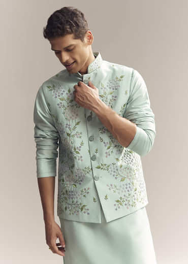 Green Silk Kurta Jacket Set For Men With Thread And Mirror Embroidery