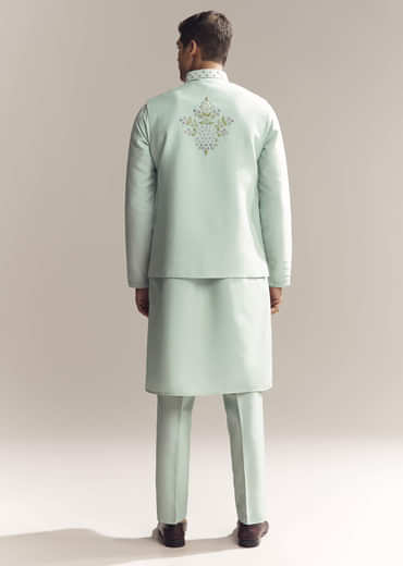 Green Silk Kurta Jacket Set For Men With Thread And Mirror Embroidery