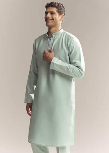 Green Silk Kurta Jacket Set For Men With Thread And Mirror Embroidery