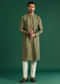 Green Silk Kurta Set For Men With Brocade Work