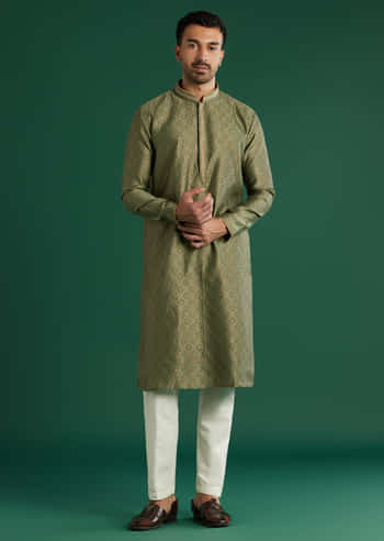 Green Silk Kurta Set For Men With Brocade Work